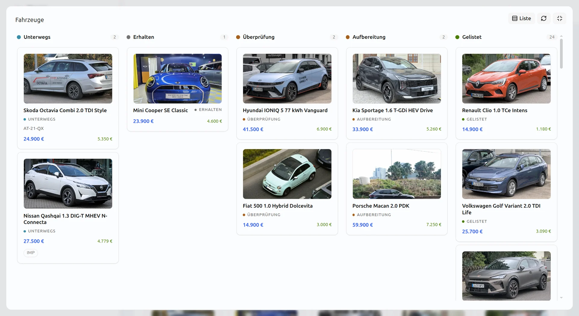 Board der Autos nach Phase, von unterwegs und erhalten über Prüfung und Aufbereitung bis gelistet, jeweils mit Foto und Angebotspreis