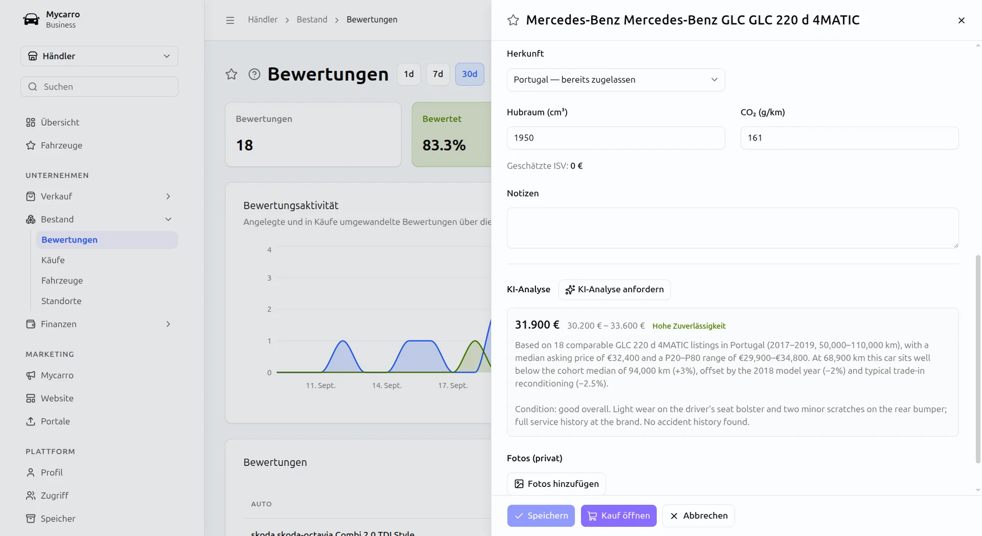KI-Bewertung einer Inzahlungnahme, Mercedes-Benz GLC: 31.900 € in einer Spanne von 30.200 € bis 33.600 € bei hoher Verlässlichkeit, mit den Vergleichsinseraten dahinter