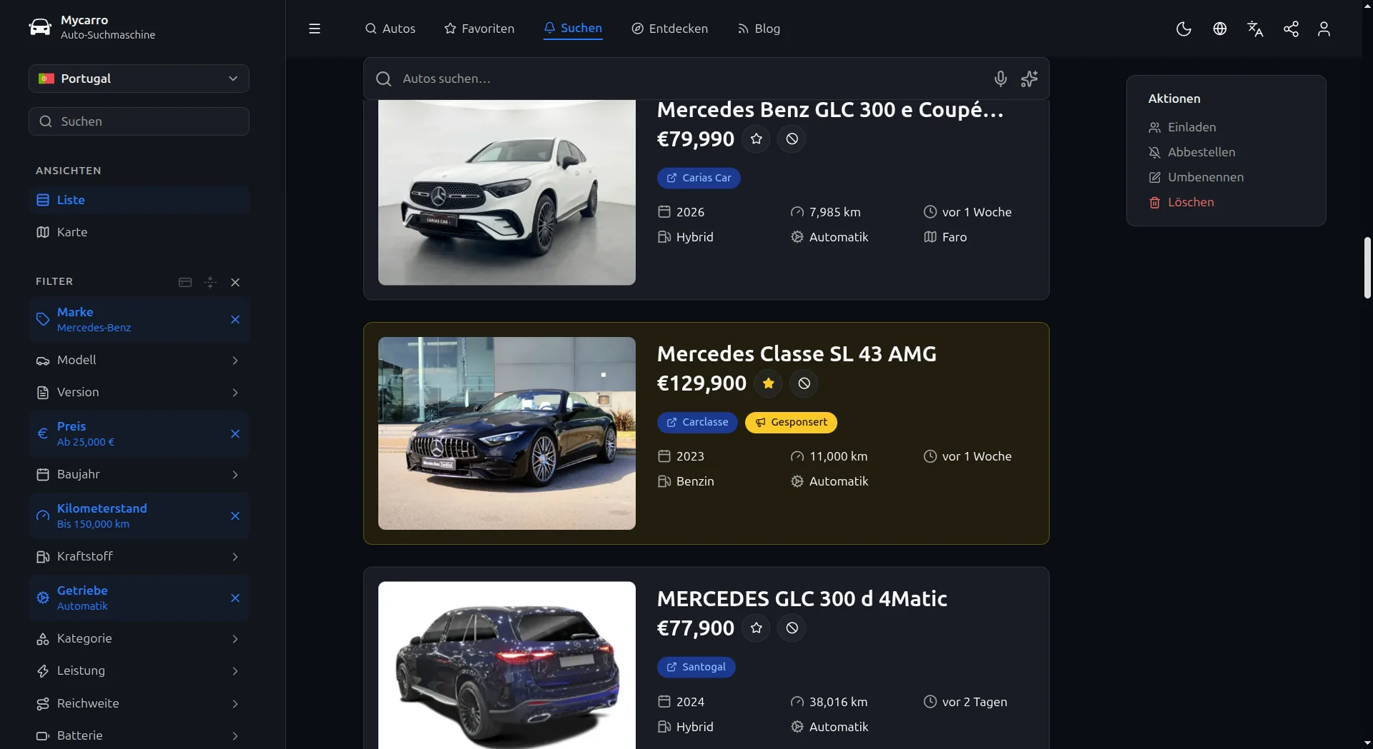 Ein hervorgehobenes Fahrzeug in einer Mycarro-Suche: ein Mercedes SL 43 AMG mit „Promoted“-Abzeichen zwischen passenden Mercedes-Benz-Ergebnissen