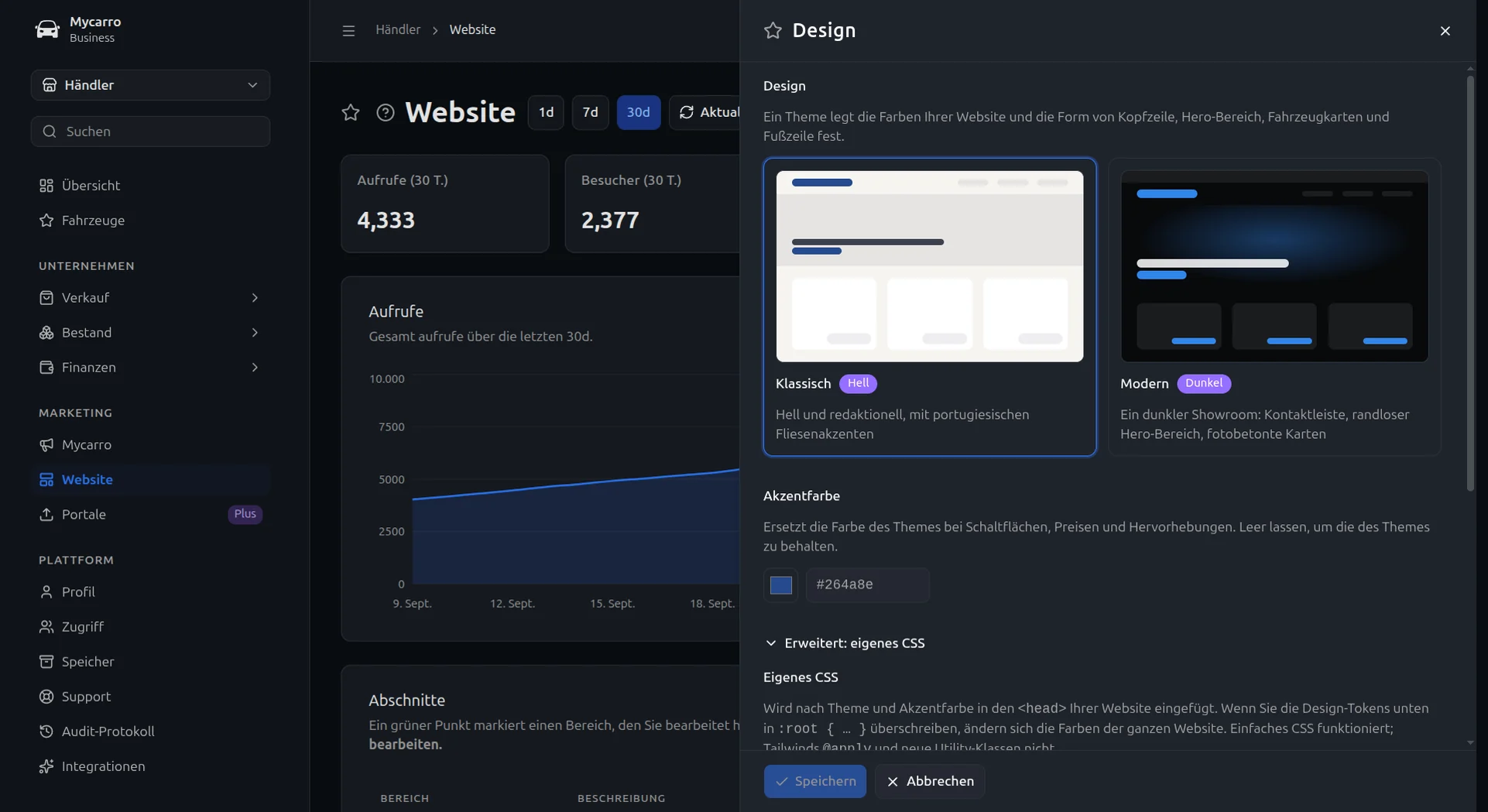 Website-Design-Einstellungen in Mycarro: Auswahl zwischen einem hellen klassischen und einem dunklen modernen Design, eine Akzentfarbe und eigenes CSS