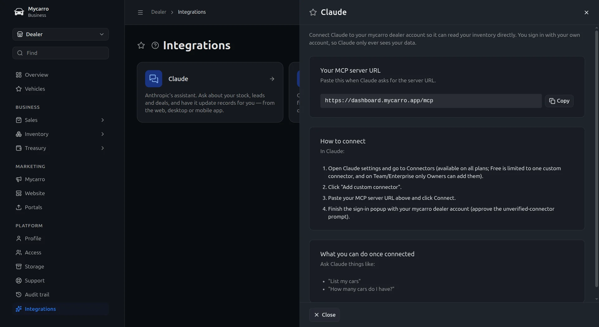 AI assistant for car dealers: connecting Claude to Mycarro, with the steps to connect and example questions such as “How many cars do I have?”
