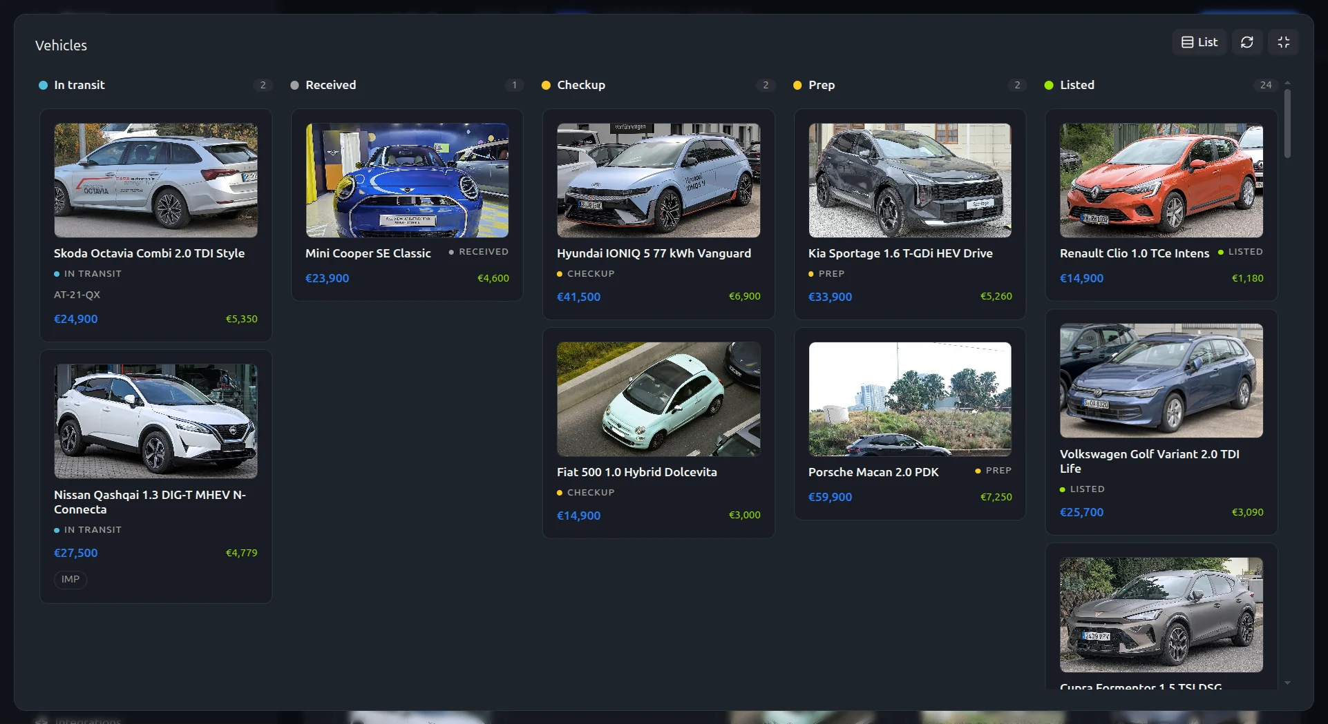 Board of cars by stage, from in transit and received through checkup and prep to listed, each with its photo and asking price