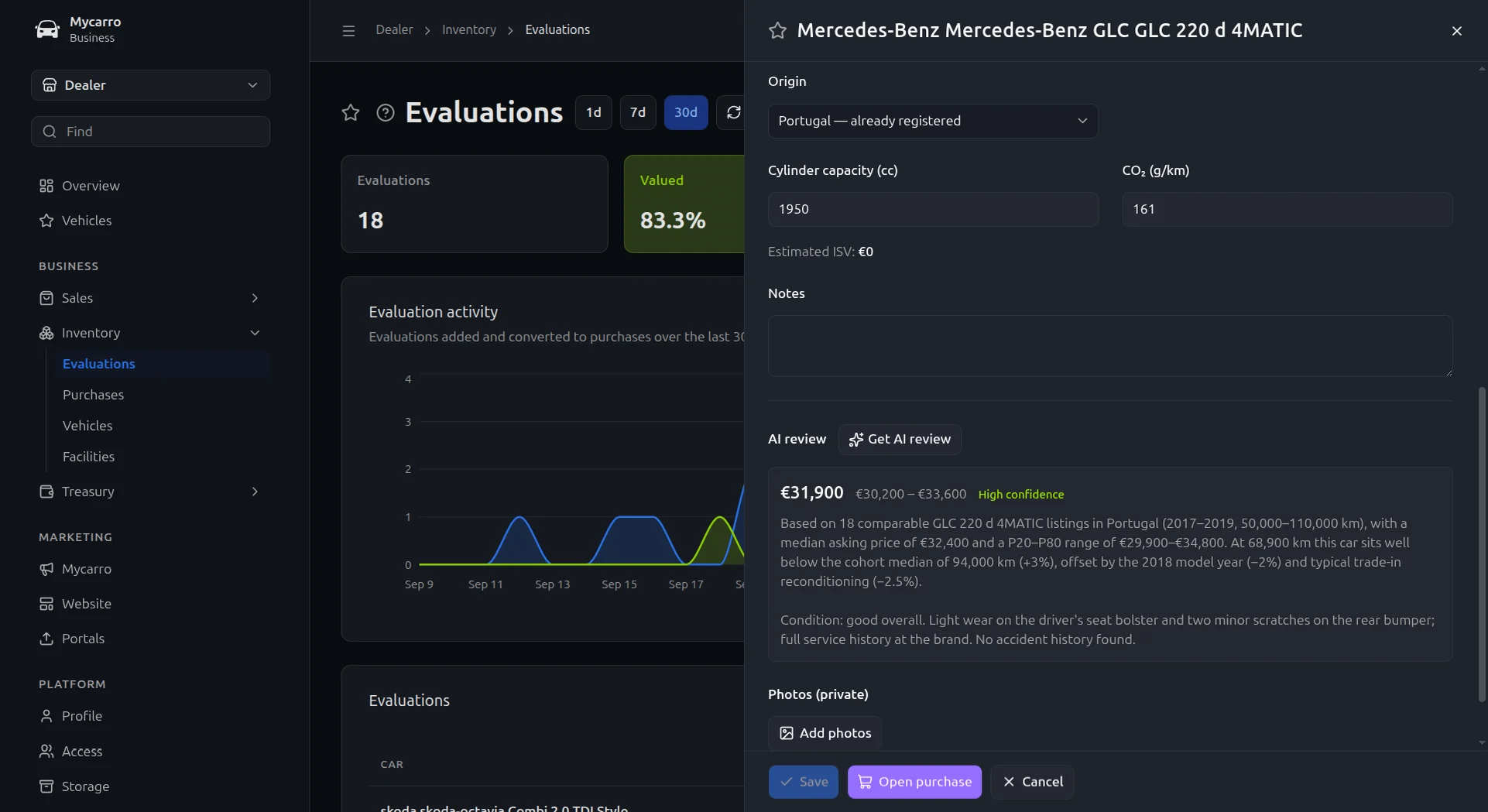 AI trade-in valuation of a Mercedes-Benz GLC: €31,900 within a €30,200 to €33,600 range at high confidence, with the comparable listings behind it