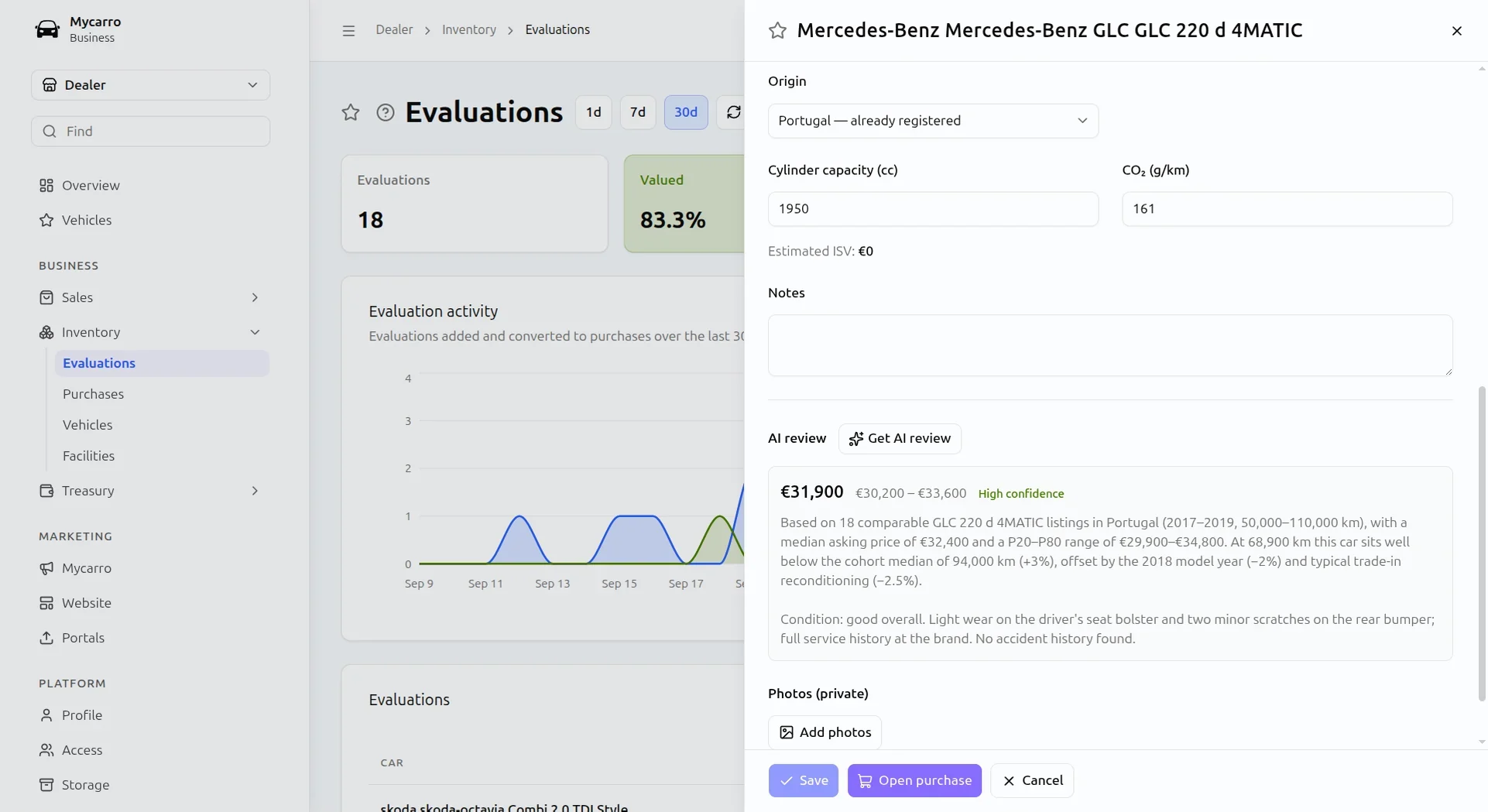 AI trade-in valuation of a Mercedes-Benz GLC: €31,900 within a €30,200 to €33,600 range at high confidence, with the comparable listings behind it