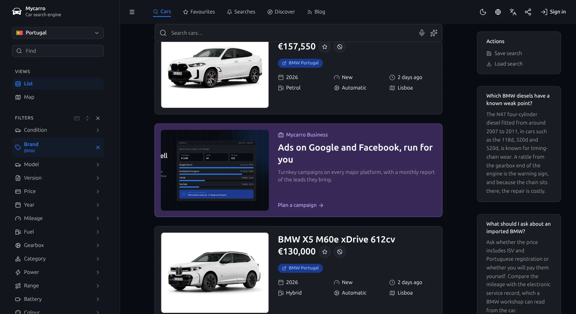 Um card Mycarro Business entre resultados BMW em uma busca da Mycarro