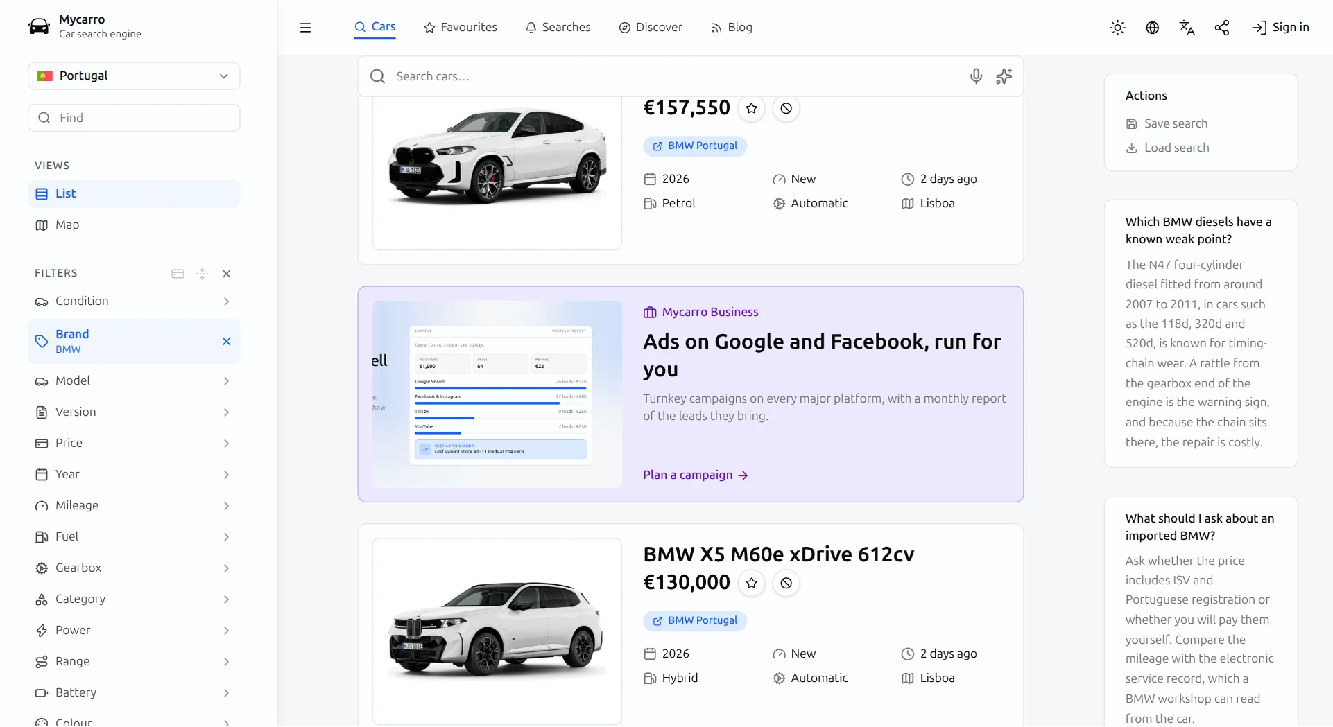 Um card Mycarro Business entre resultados BMW em uma busca da Mycarro