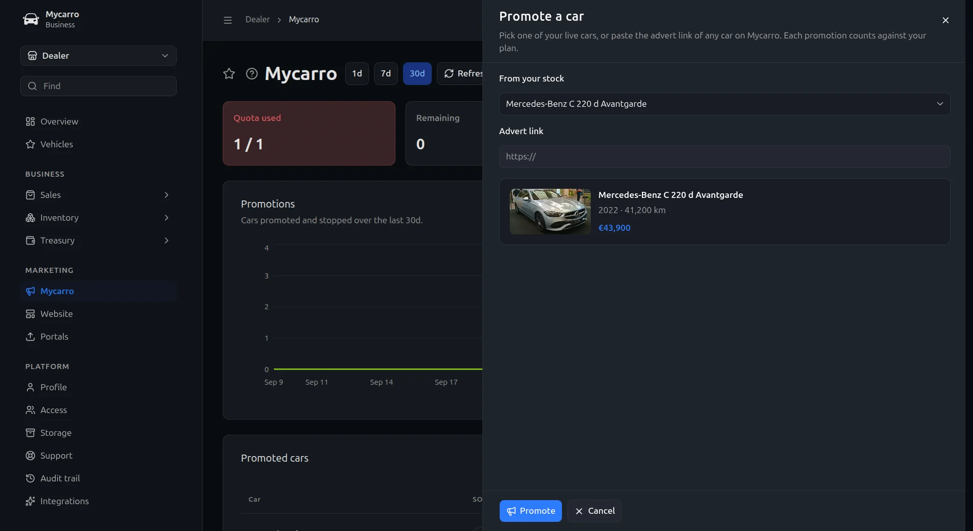 Promoting a car from the Mycarro dashboard: a Mercedes-Benz C 220 d picked from stock, with its photo, year, mileage and price shown before promoting