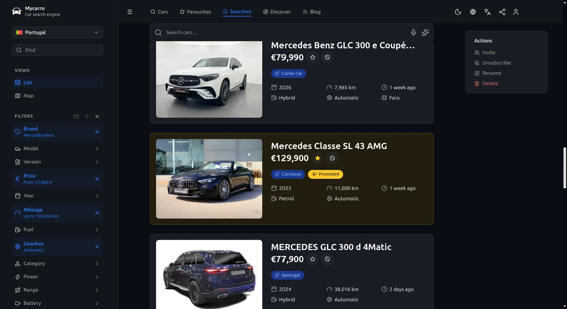 A promoted car in a Mycarro search: a Mercedes SL 43 AMG highlighted with a Promoted badge among matching Mercedes-Benz results