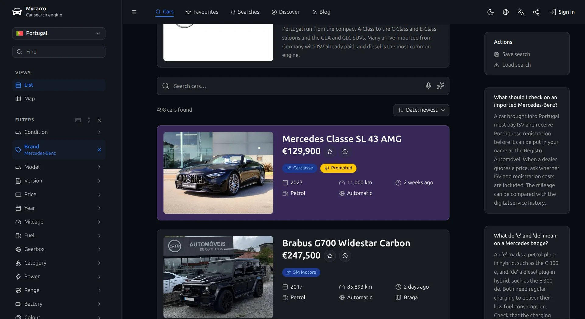 Um carro destacado em uma busca da Mycarro: um Mercedes SL 43 AMG em destaque, com o selo Destacado, entre os resultados Mercedes-Benz correspondentes