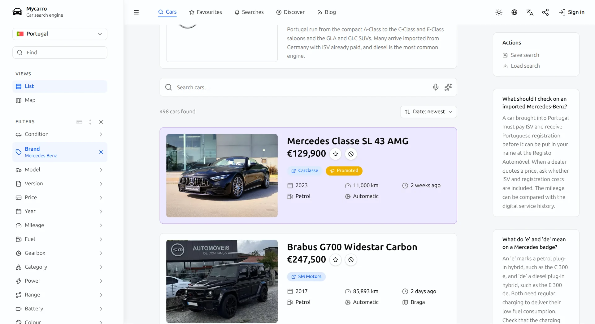 Um carro destacado em uma busca da Mycarro: um Mercedes SL 43 AMG em destaque, com o selo Destacado, entre os resultados Mercedes-Benz correspondentes