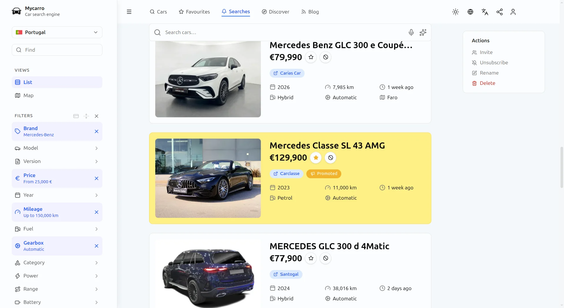 A promoted car in a Mycarro search: a Mercedes SL 43 AMG highlighted with a Promoted badge among matching Mercedes-Benz results