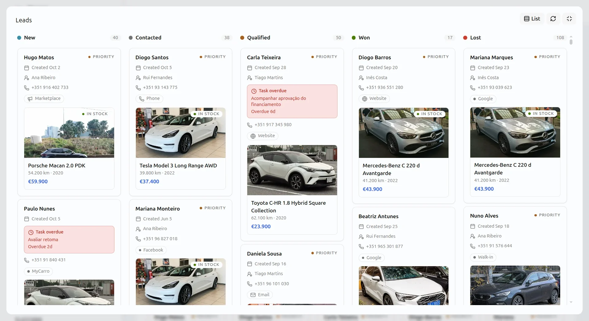 Leads board with columns for new, contacted, qualified, won and lost leads, each card showing the buyer, their salesperson and the car they want