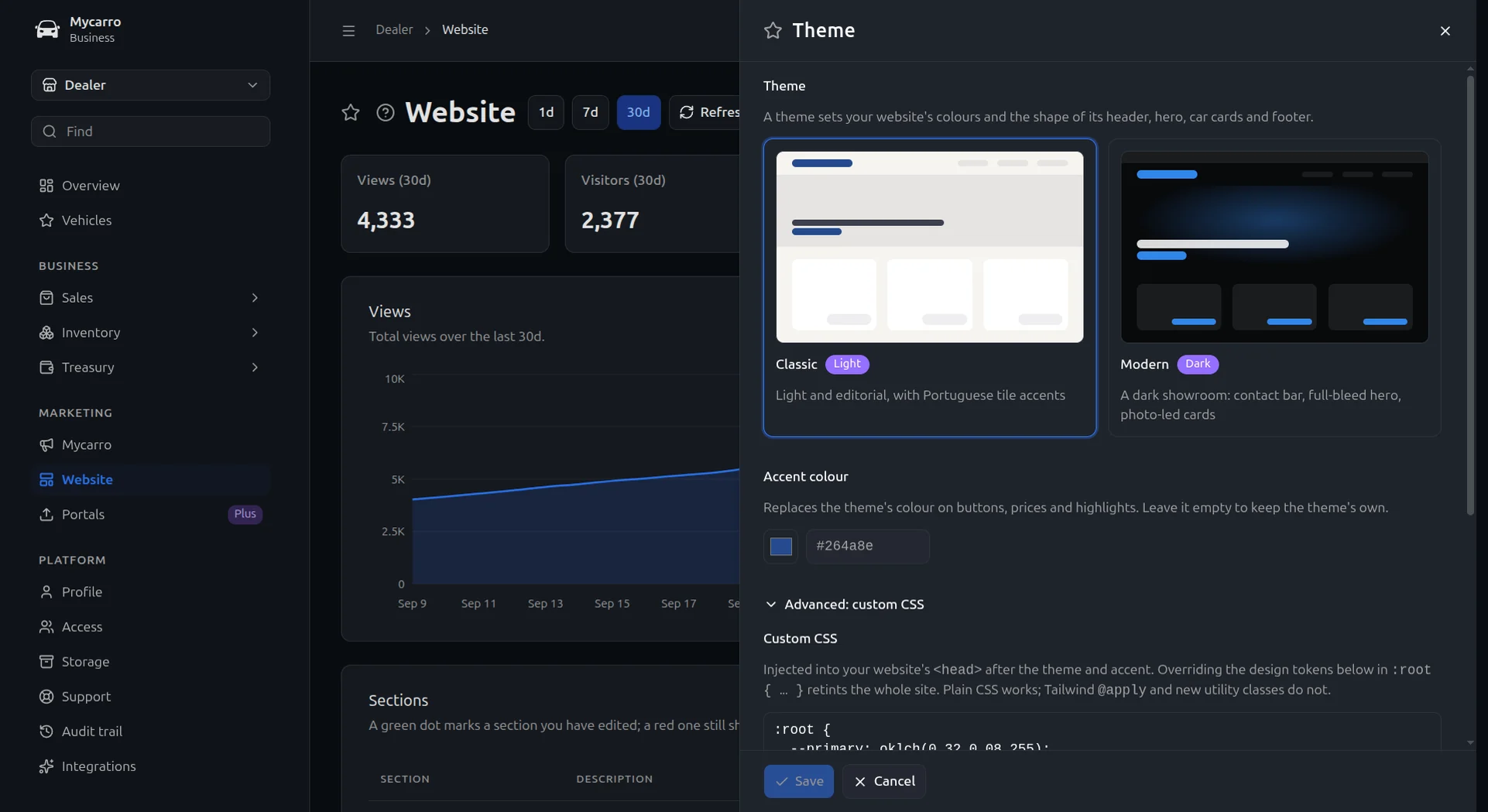 Website theme settings in Mycarro: a choice of a classic light theme or a modern dark one, an accent colour and custom CSS