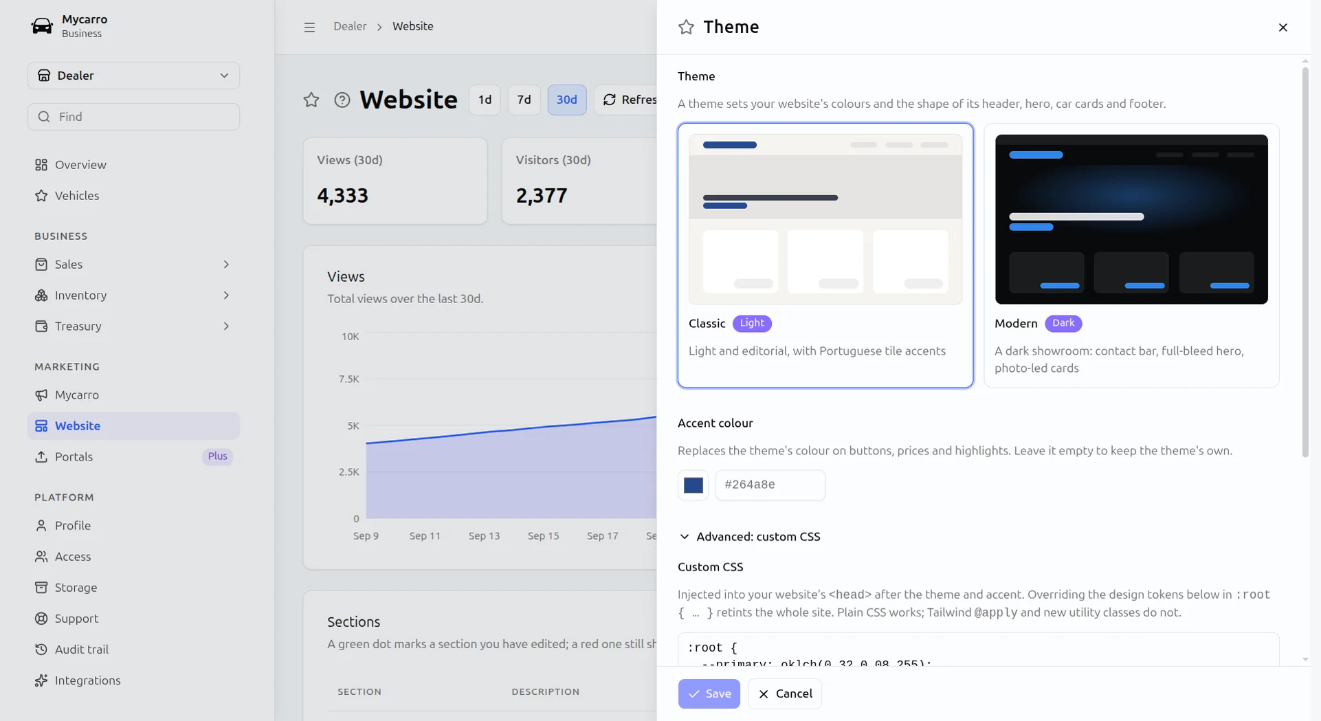 Website theme settings in Mycarro: a choice of a classic light theme or a modern dark one, an accent colour and custom CSS
