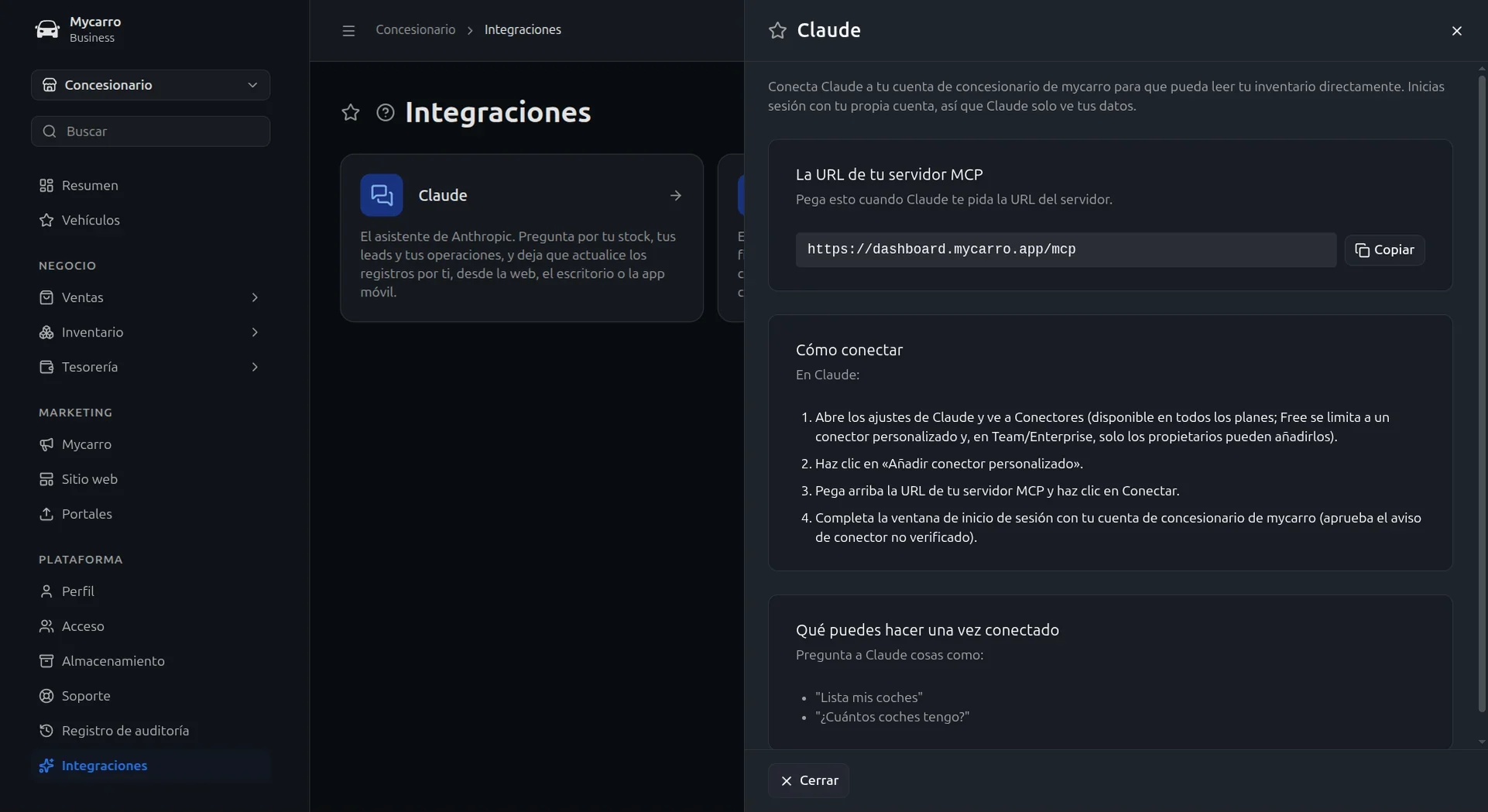 Asistente de IA para concesionarios: cómo conectar Claude a Mycarro, con los pasos y preguntas de ejemplo como «¿Cuántos coches tengo?»