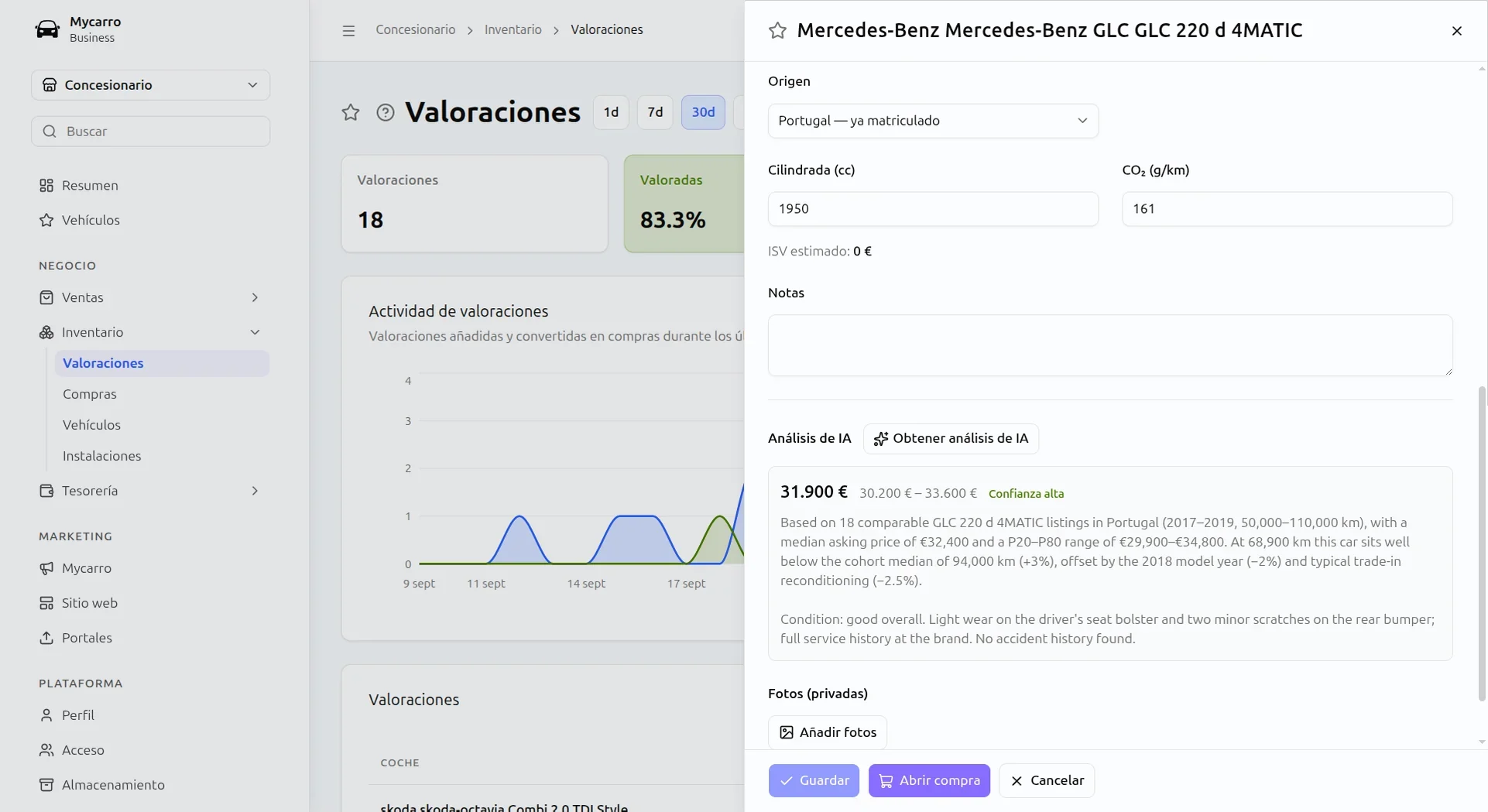 Tasación con IA de un Mercedes-Benz GLC: 31.900 € en una horquilla de 30.200 € a 33.600 € con confianza alta, con los anuncios comparables que la respaldan