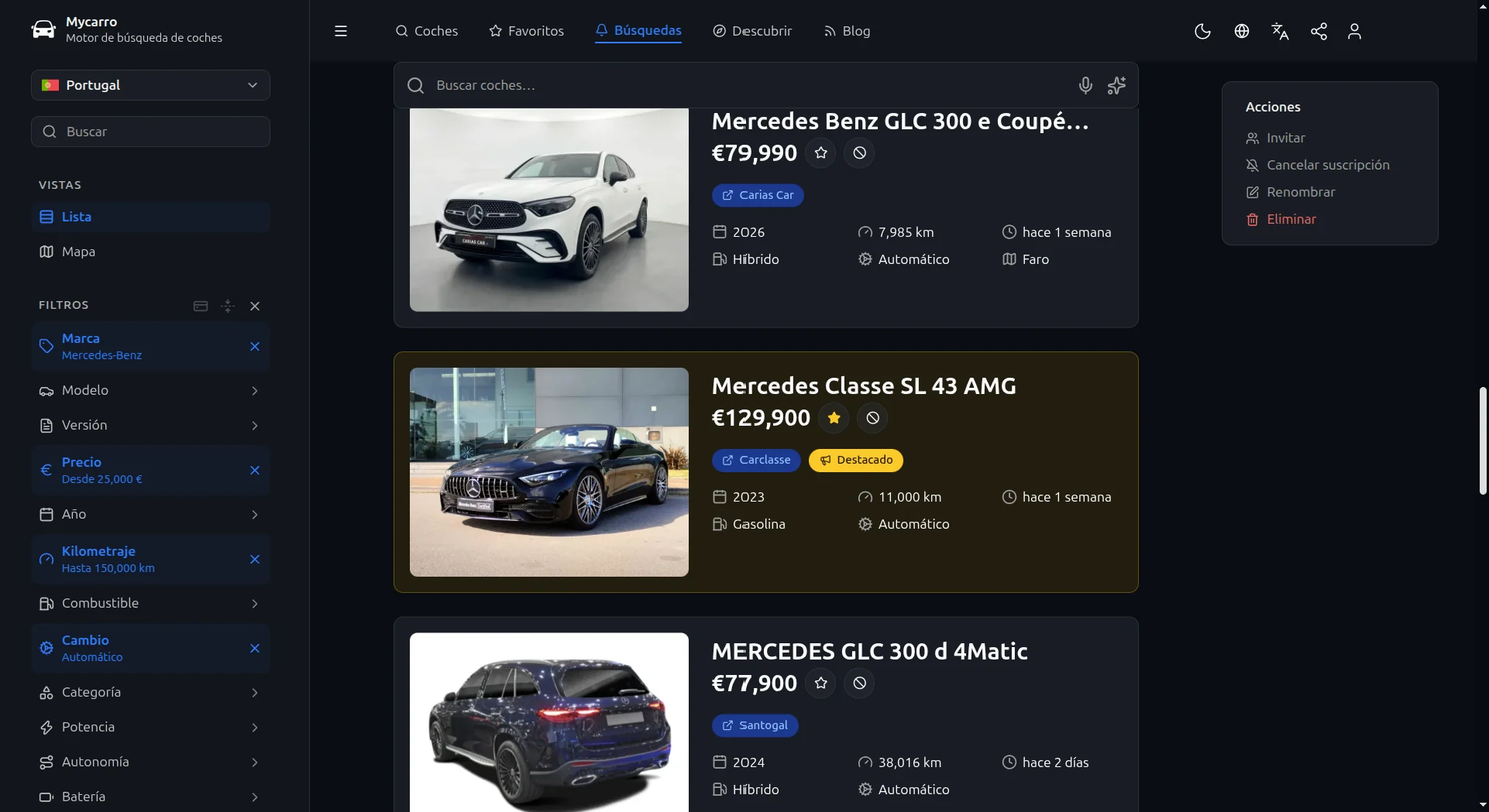 Un coche destacado en una búsqueda de Mycarro: un Mercedes SL 43 AMG resaltado con la etiqueta Destacado entre los resultados de Mercedes-Benz que coinciden