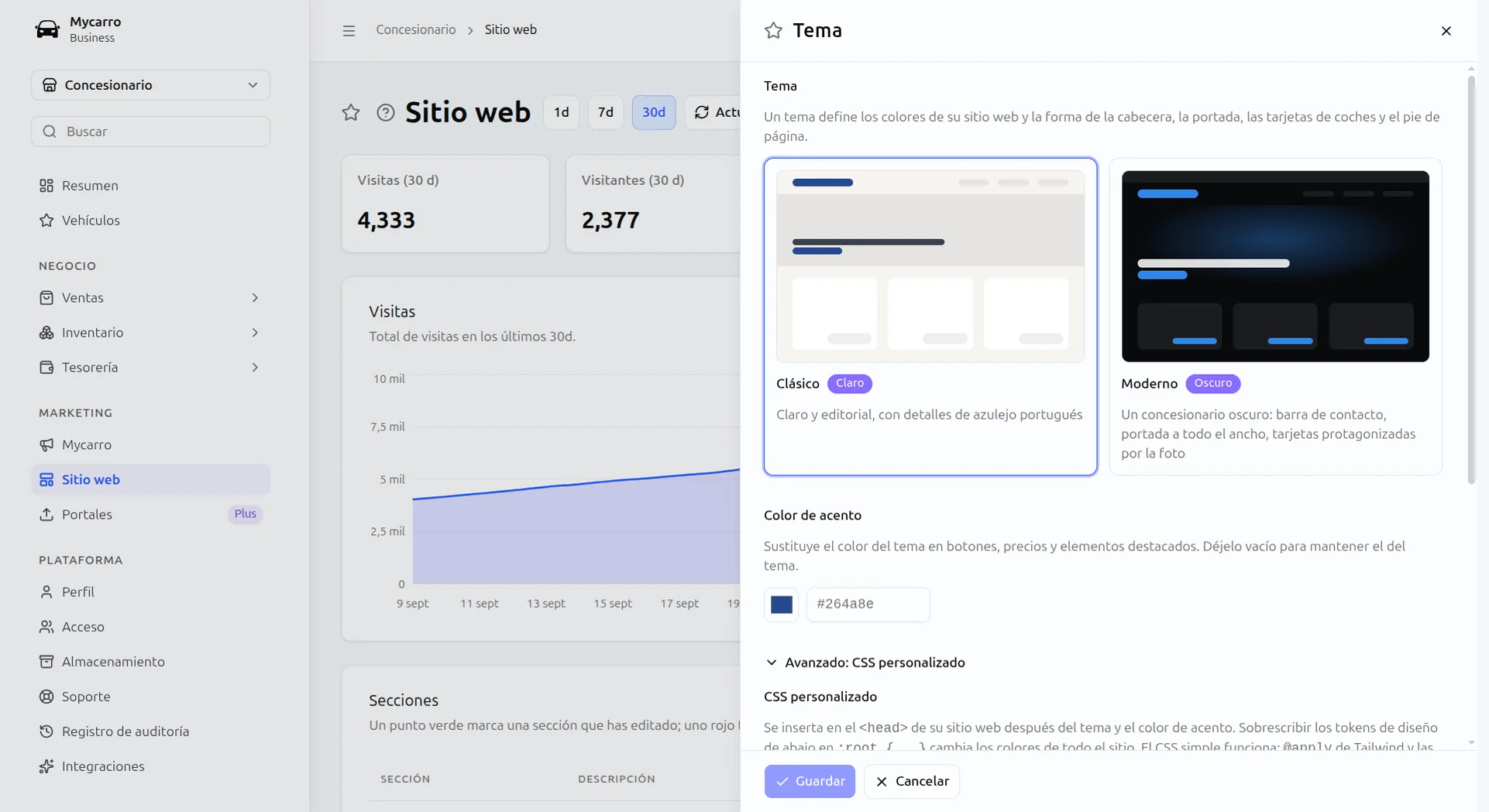 Ajustes de tema de la web en Mycarro: a elegir entre un tema clásico claro y uno moderno oscuro, un color de acento y CSS personalizado