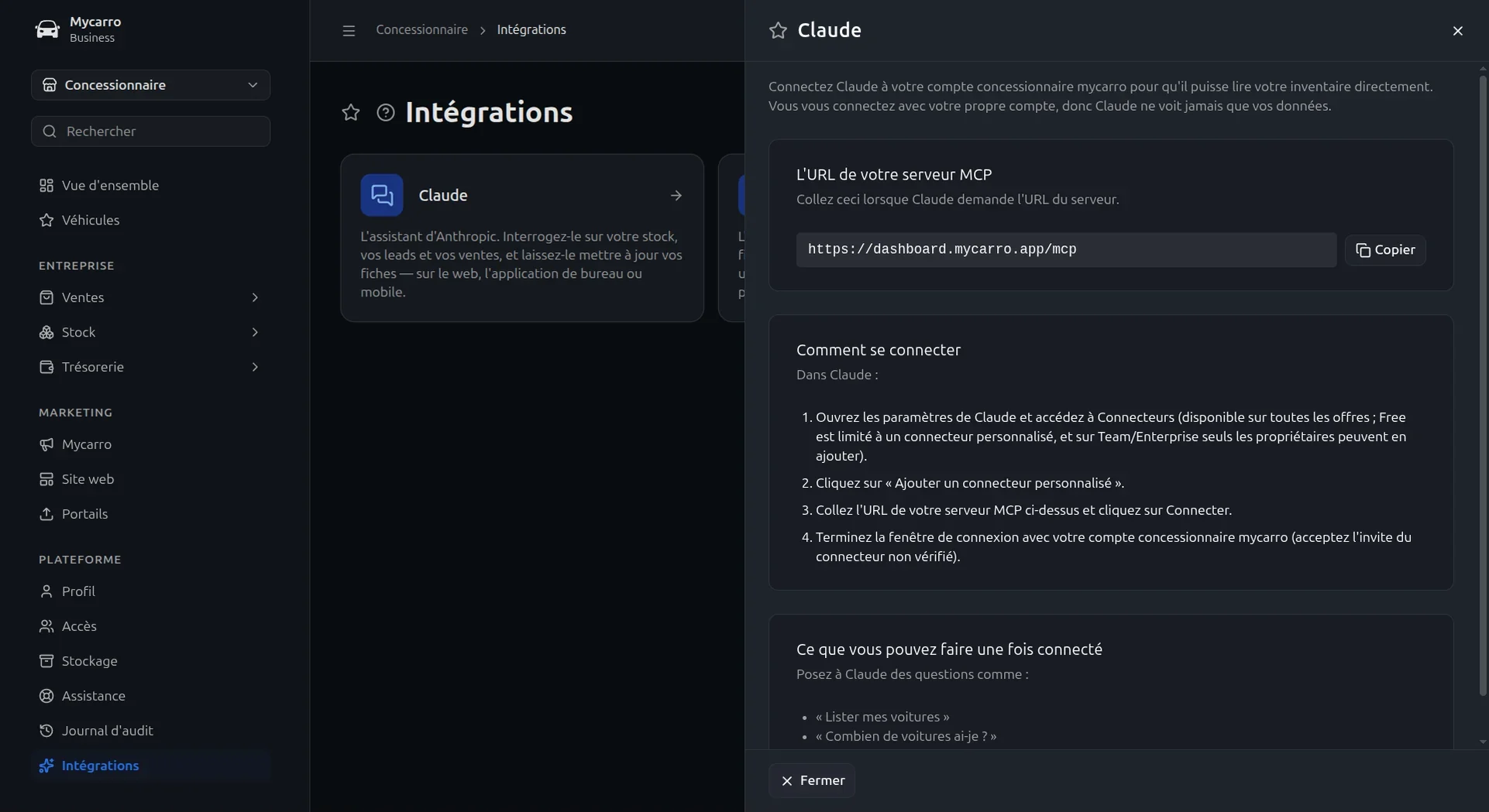 Assistant IA pour négociants VO : connecter Claude à Mycarro, avec les étapes de connexion et des exemples de questions comme « Combien de véhicules ai-je ? »