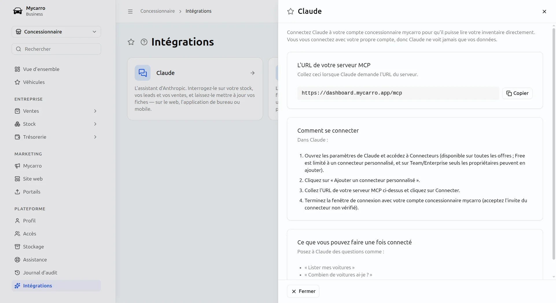 Assistant IA pour négociants VO : connecter Claude à Mycarro, avec les étapes de connexion et des exemples de questions comme « Combien de véhicules ai-je ? »