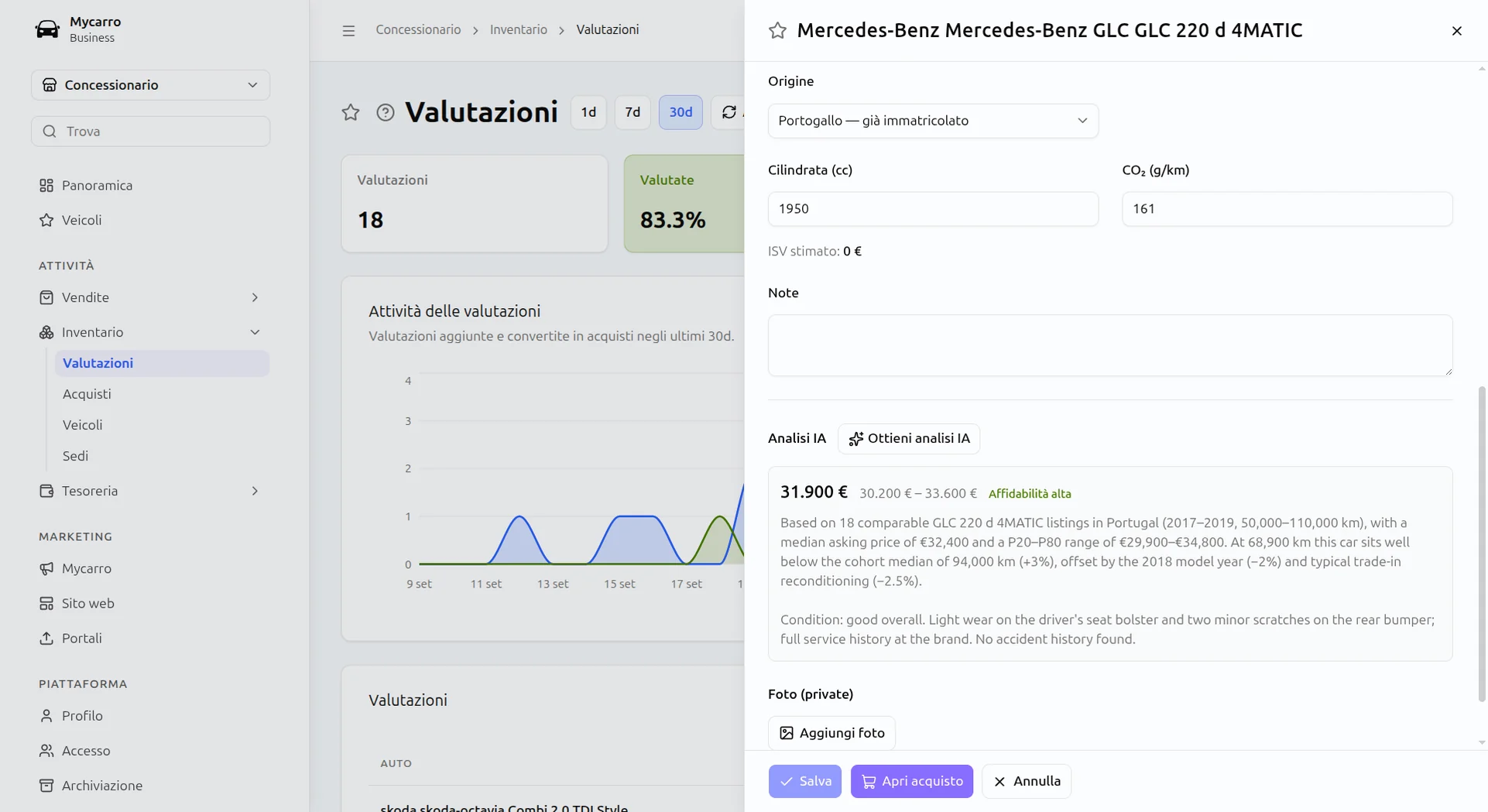 Valutazione IA della permuta di una Mercedes-Benz GLC: 31.900 € in una forbice da 30.200 € a 33.600 € con affidabilità alta, con gli annunci comparabili su cui si basa
