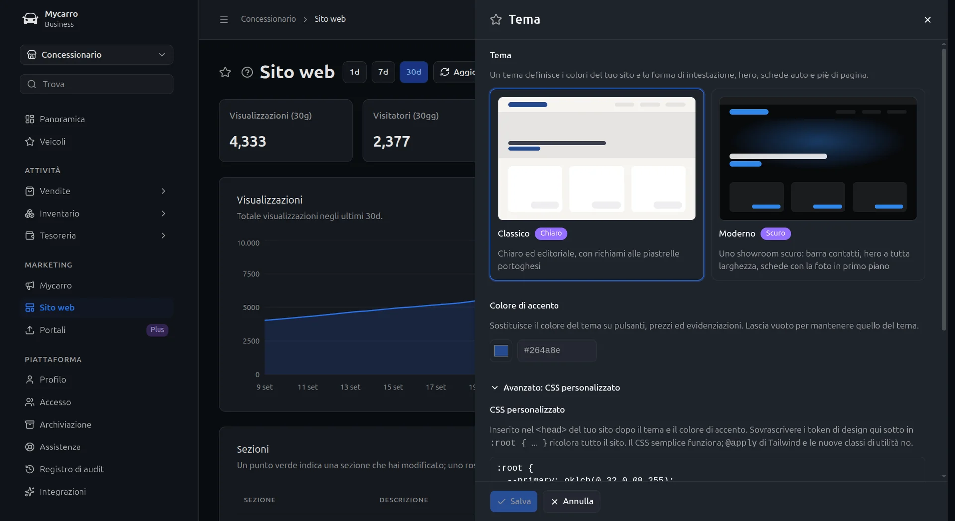 Impostazioni del tema del sito in Mycarro: scelta tra un tema classico chiaro e uno moderno scuro, un colore di accento e CSS personalizzato