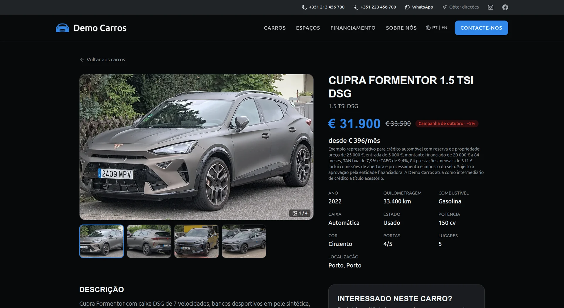 Fahrzeugseite auf der Website eines Autohauses: Fotogalerie, Preis mit Angebotsabzeichen, Monatsrate und alle technischen Daten