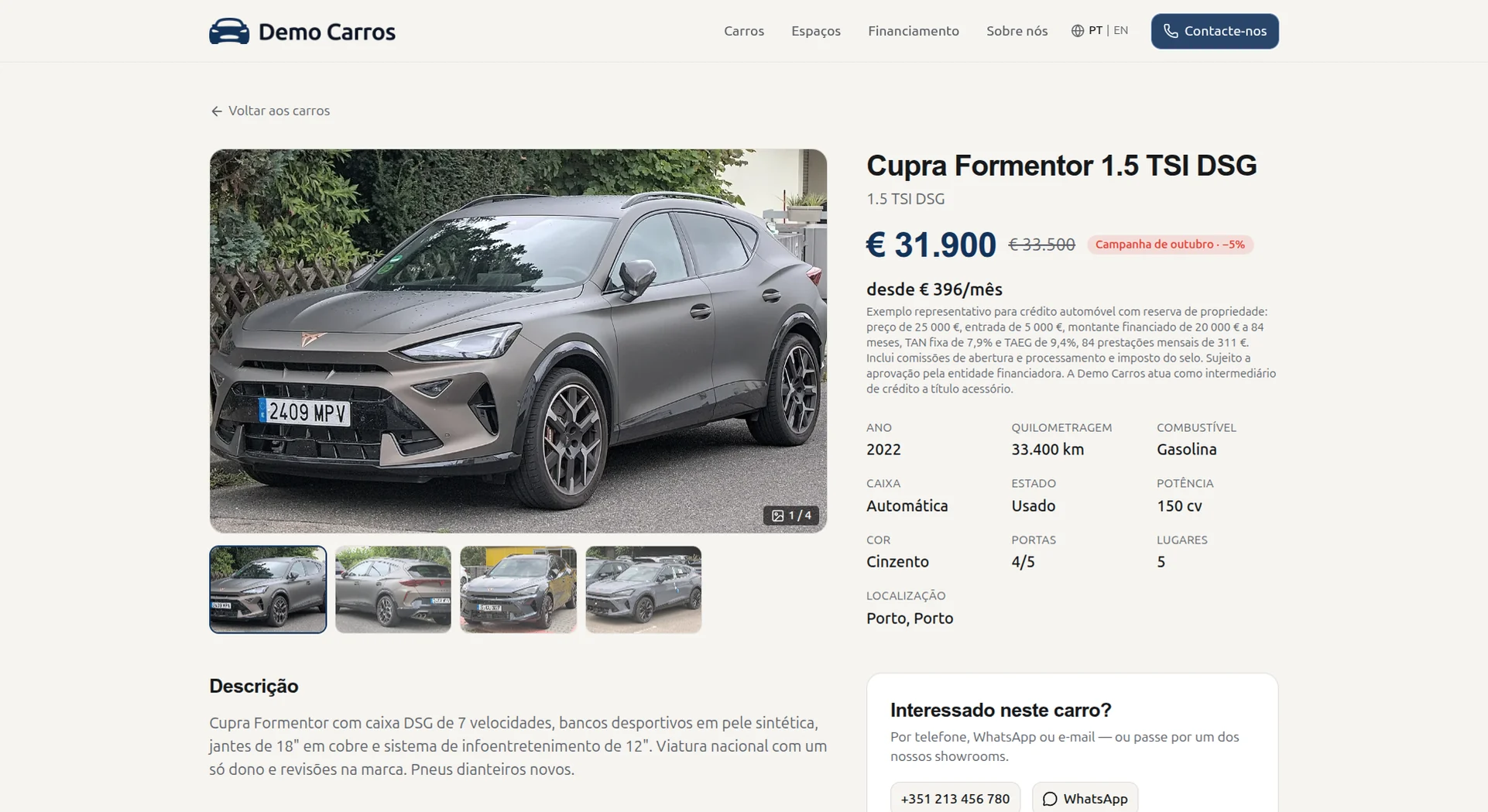 Fahrzeugseite auf der Website eines Autohauses: Fotogalerie, Preis mit Angebotsabzeichen, Monatsrate und alle technischen Daten