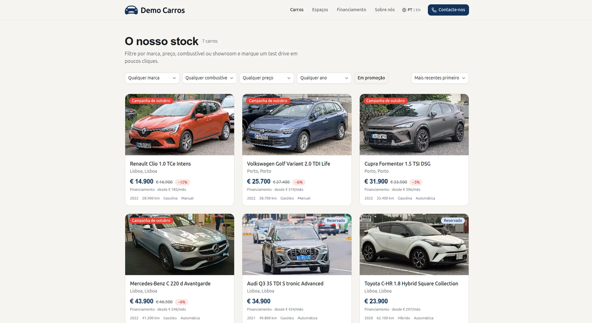 Bestandsseite einer Händler-Website: Autos mit Fotos, Preisen, Preissenkung, Monatsrate und Reserviert-Kennzeichen